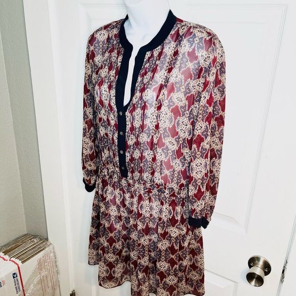 Club Monaco Sheer Silk Micro Pleat Front Drop Waist Dress Maroon Navy 4 - Picture 5 of 9